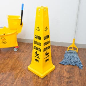 36" Yellow Multi-Lingual Wet Floor Cone-Shaped Sign - "Caution"